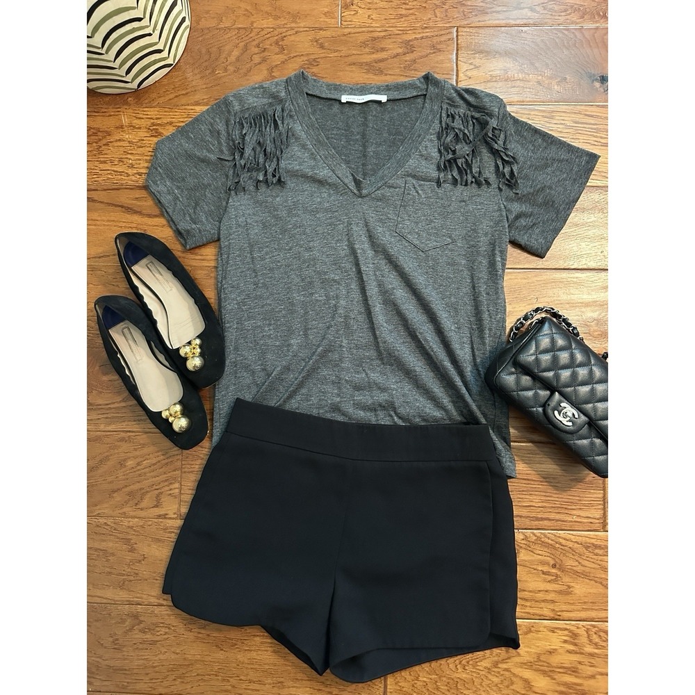 Sacai Luck Gray Linen Blend Fringe Shoulder V-Neck Pocket T-Shirt Tee Size 2 S